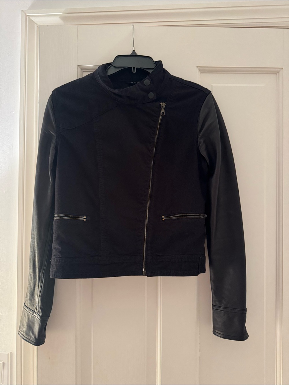 rag & bone Black Mixed-Media Asymmetrical Zip Leather-Sleeve Jacket